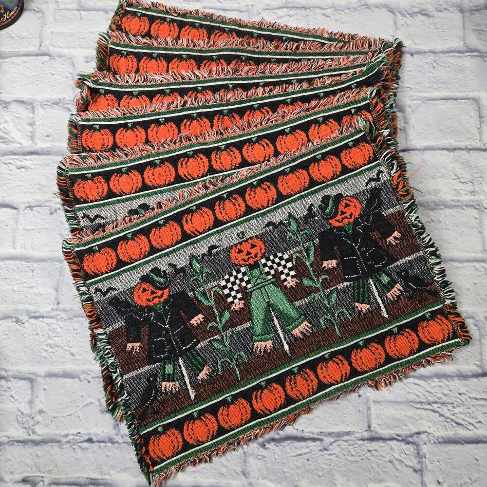 Vintage Set of 6 Halloween Autumn Harvest Scarecrow Pumpkin Woven Placemats